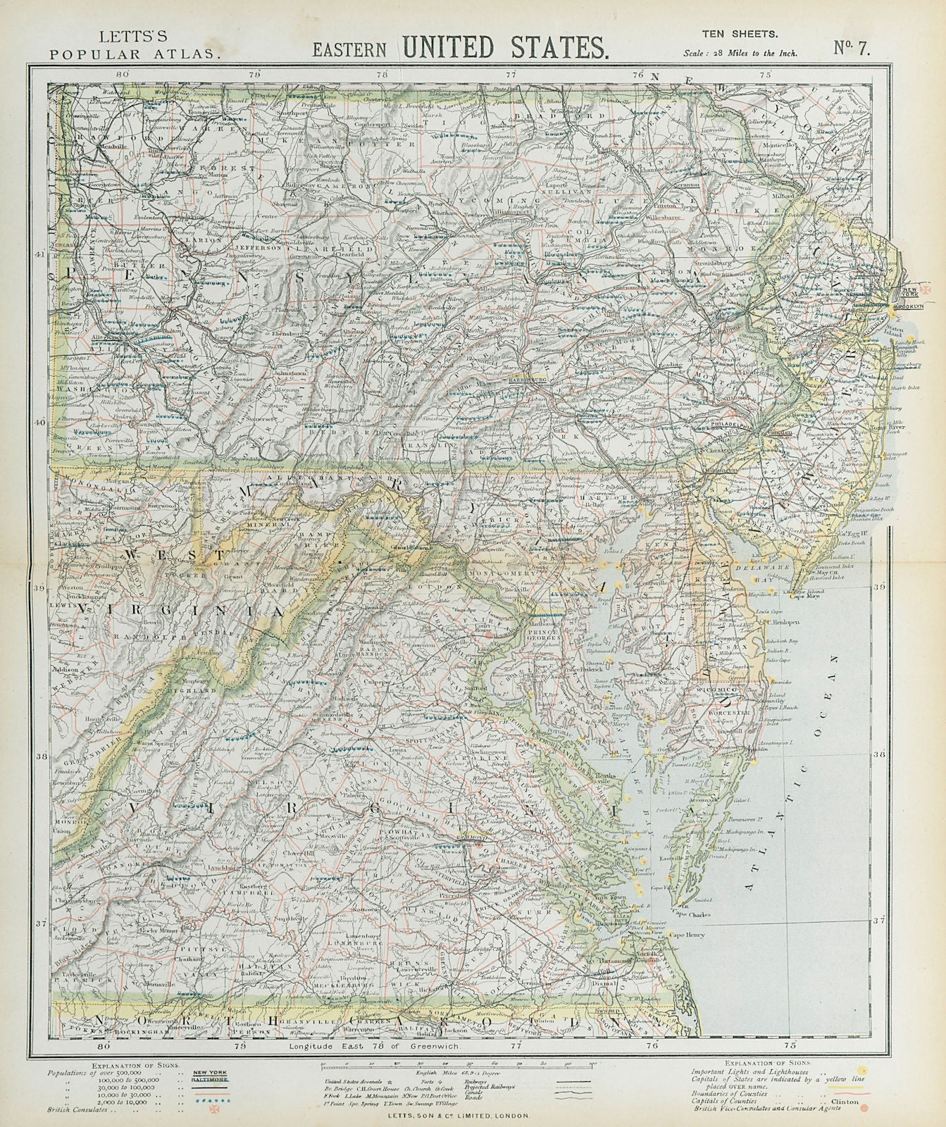 MID-ATLANTIC STATES. Pennsylvania NJ Maryland Delaware Virginia. LETTS 1883 map